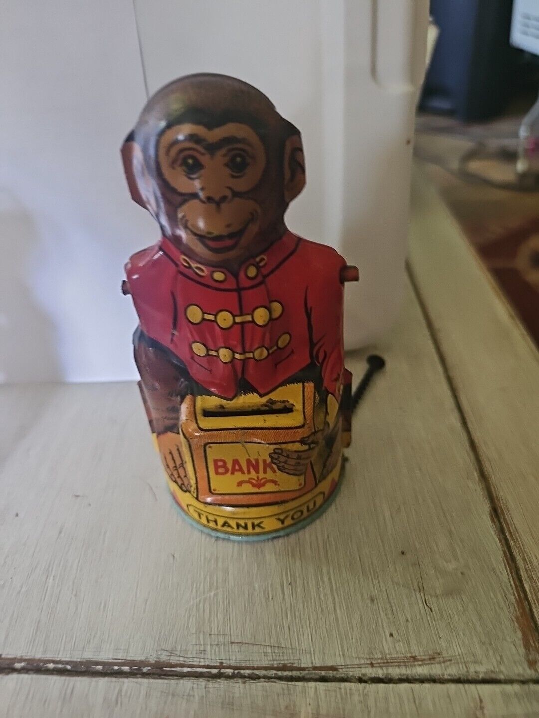 ANTIQUE VINTAGE 1940's J. CHEIN CO. MECHANICAL MONKEY TIPPING HAT TIN LITHO BANK