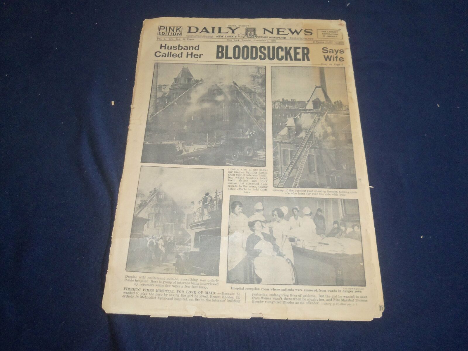 1927 NOVEMBER 1 NEW YORK DAILY NEWS NEWSPAPER - FIRED HOSPITAL - NP 5576