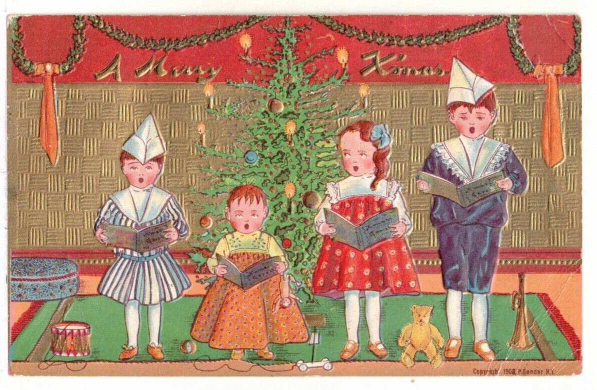 c1910 Christmas PC: Children Singing at Tree, Gold Trim, RARE Roslyn WA Postmark