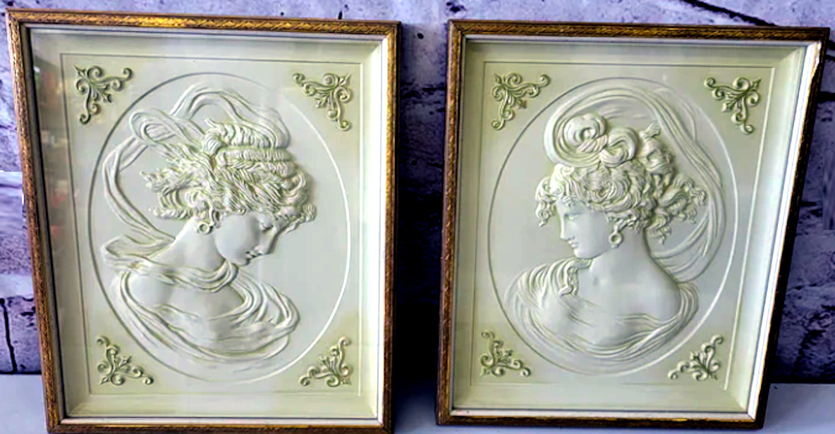 Vintage 3D Faux Plaster Cameo Women Turner Wall Accesories Framed Behind Glass