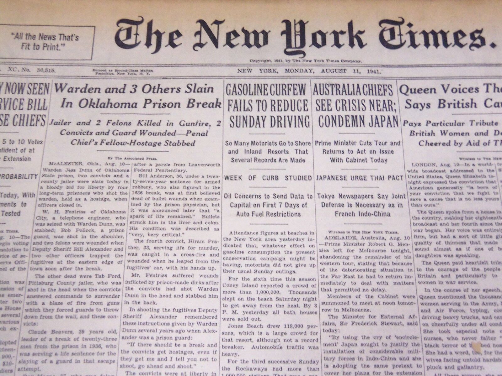 1941 AUG 11 NEW YORK TIMES - WARDEN & 3 OTHERS SLAIN IN OKLAHOMA PRISON- NT 1160