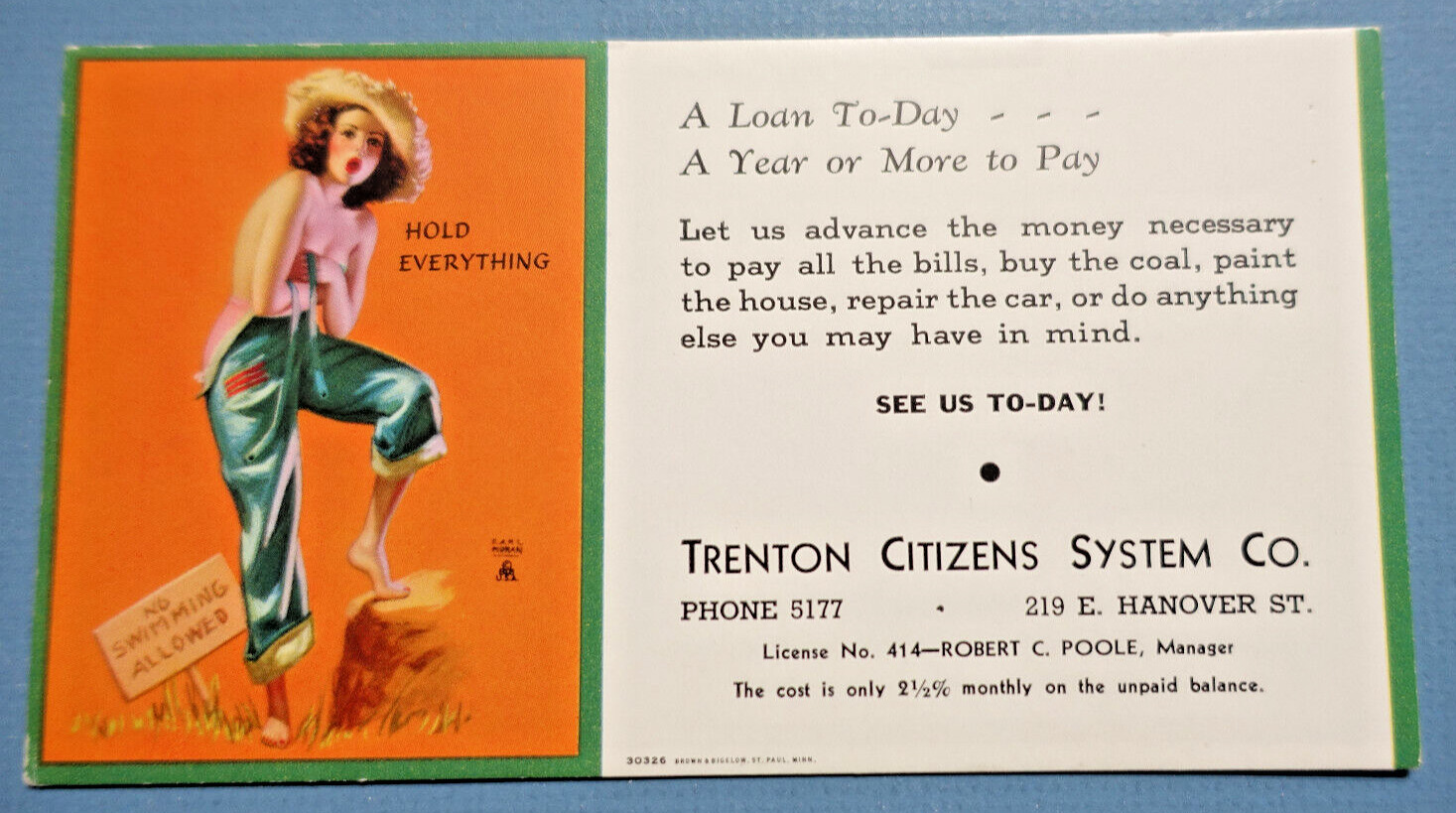 Vintage EARL MORAN UNUSED PIN-UP BLOTTER Trenton Citizens System, Trenton N.J.