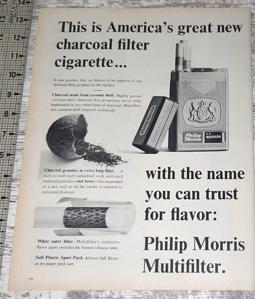 1964 Philip Morris Vintage Print Ad Cigarettes Filters Charcoal Coconut Shells