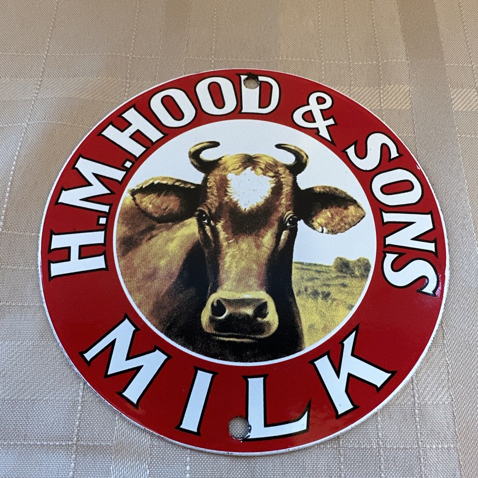 HM Hood & Sons Milk Dairy Farm Cow Porcelain Metal Enamel Sign