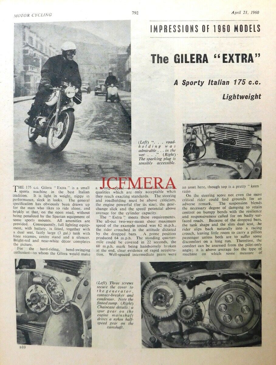 GILERA \'Extra\' 175cc Lightweight Motor Cycle - 1960 Magazine Report Cutting