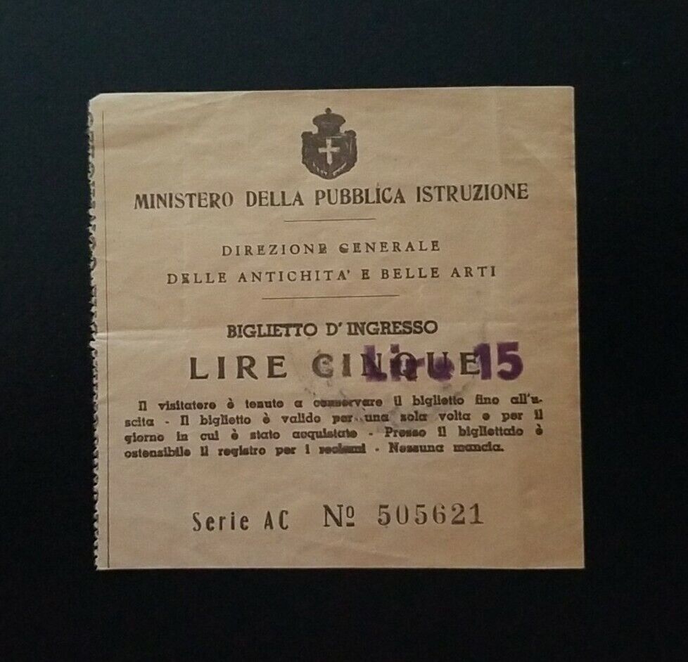 Vintage Italian Ministry Of Education Museum Admission Ticket ~ Naples, Italy
