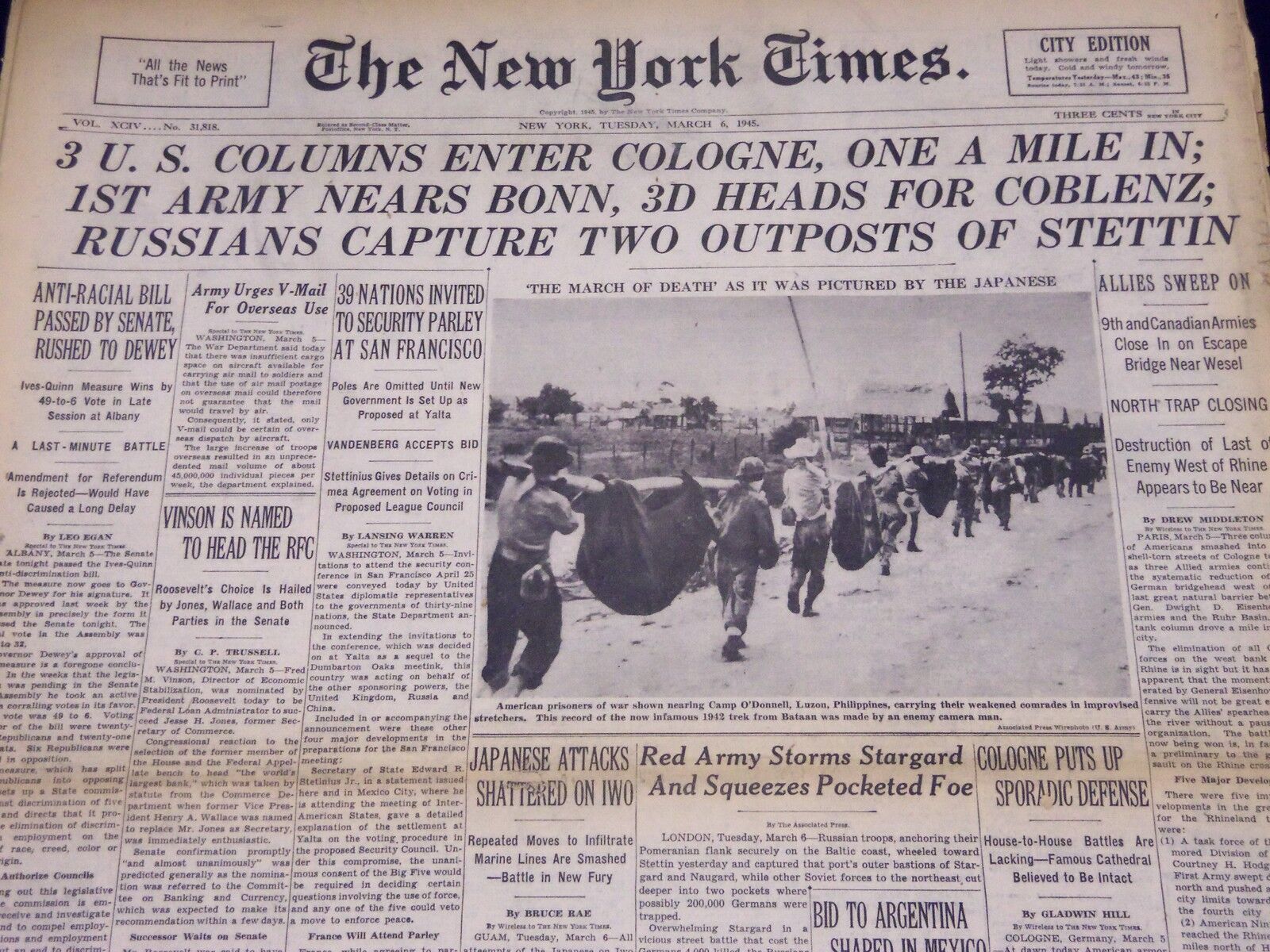 1945 MARCH 6 NEW YORK TIMES - 3 U. S. COLUMNS ENTER COLOGNE - NT 399