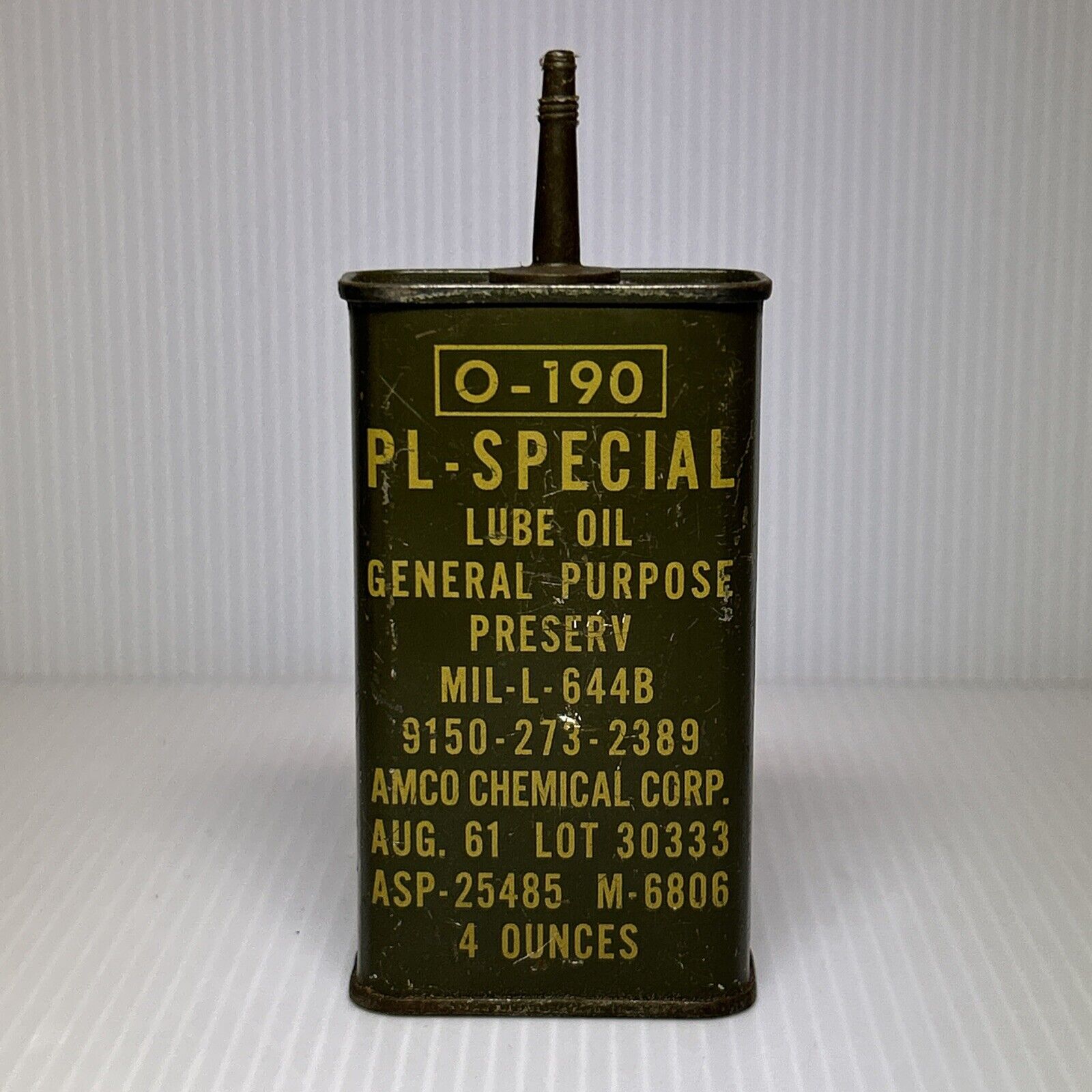 VTG 1961 Military Oil Tin Can, O-190 PL-SPECIAL Lube Oil 4oz. ~ Old Advertising