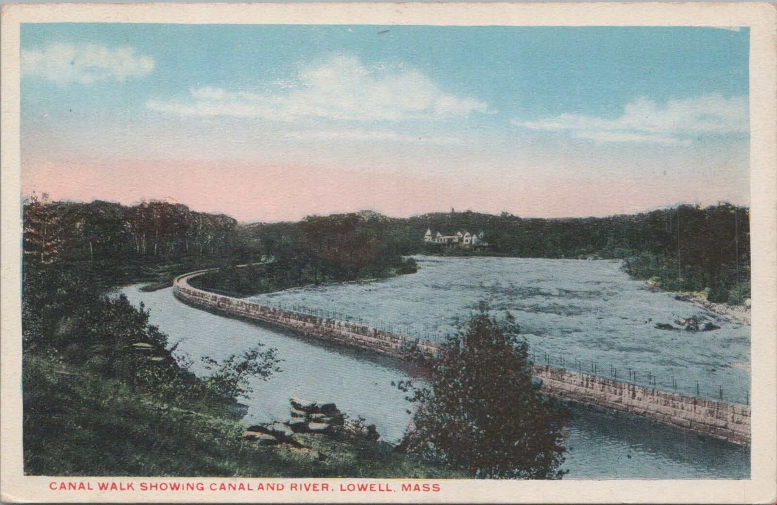 Postcard Canal Walk Showing Canal and River Lowell MA 