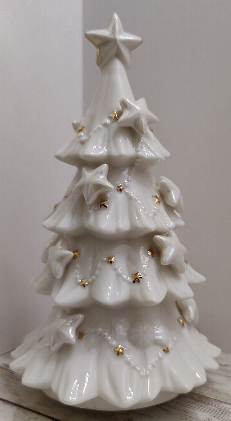 Vintage ~ Musical Porcelain Revolving Christmas Tree ~ 24K Gold Accents ~ 8.5\
