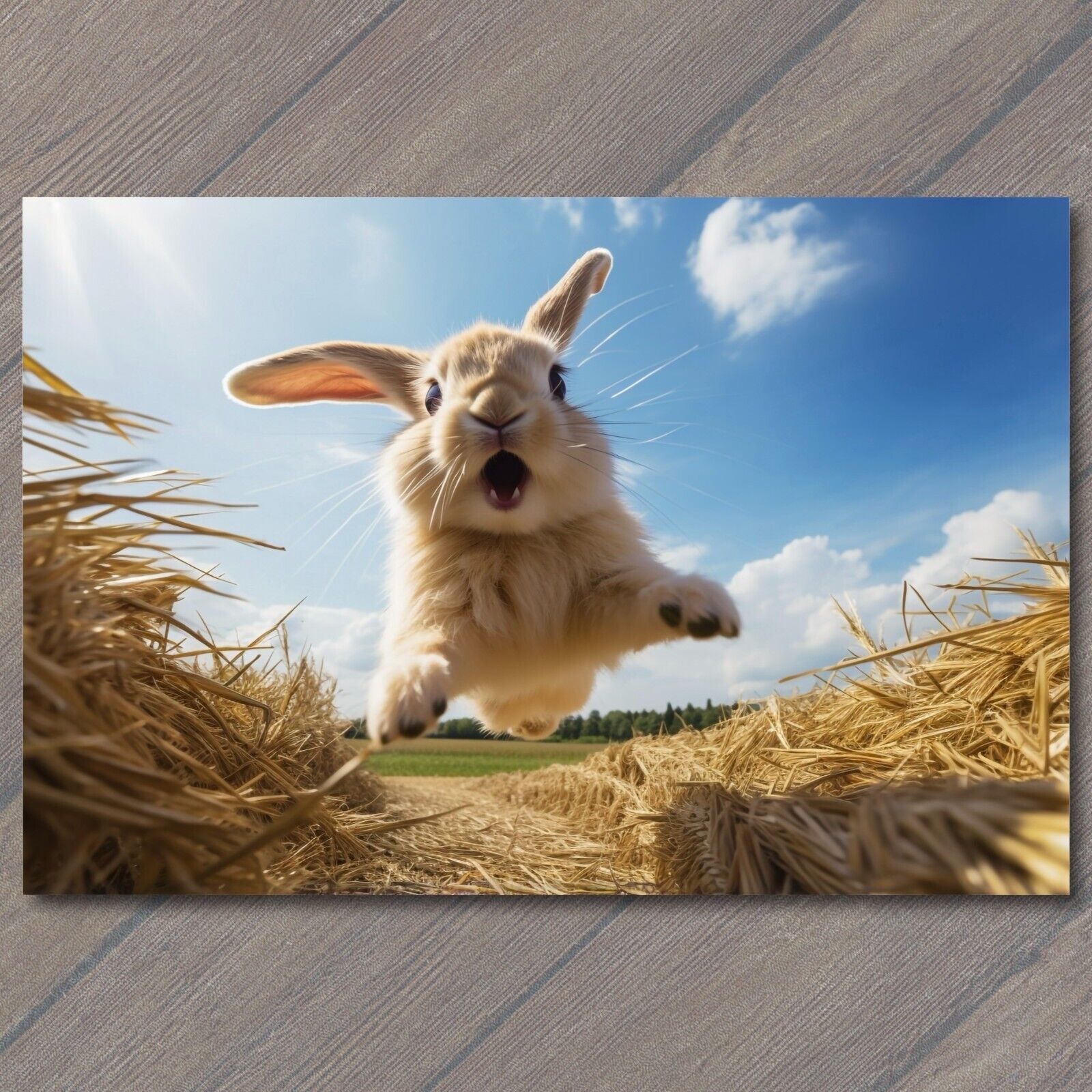 POSTCARD Energetic Bunny Rabbit Soars Through Meadow Running