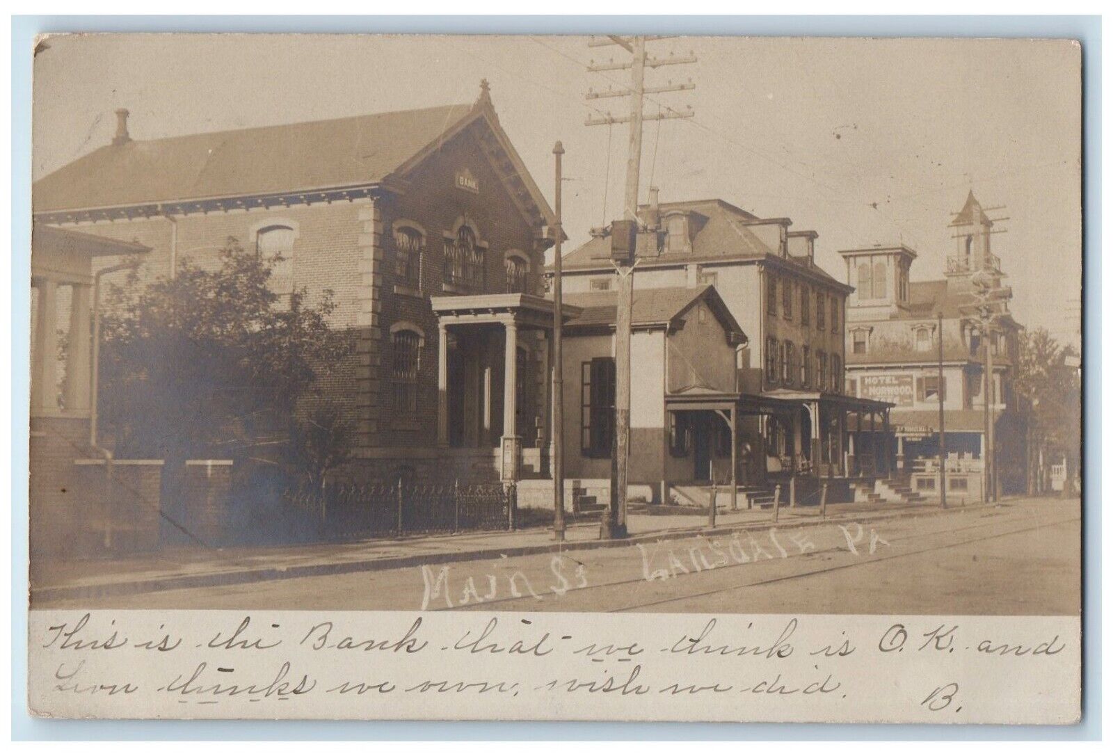 1906 Main Street View Bank Lansdale Pennsylvania PA RPPC Photo Posted Postcard