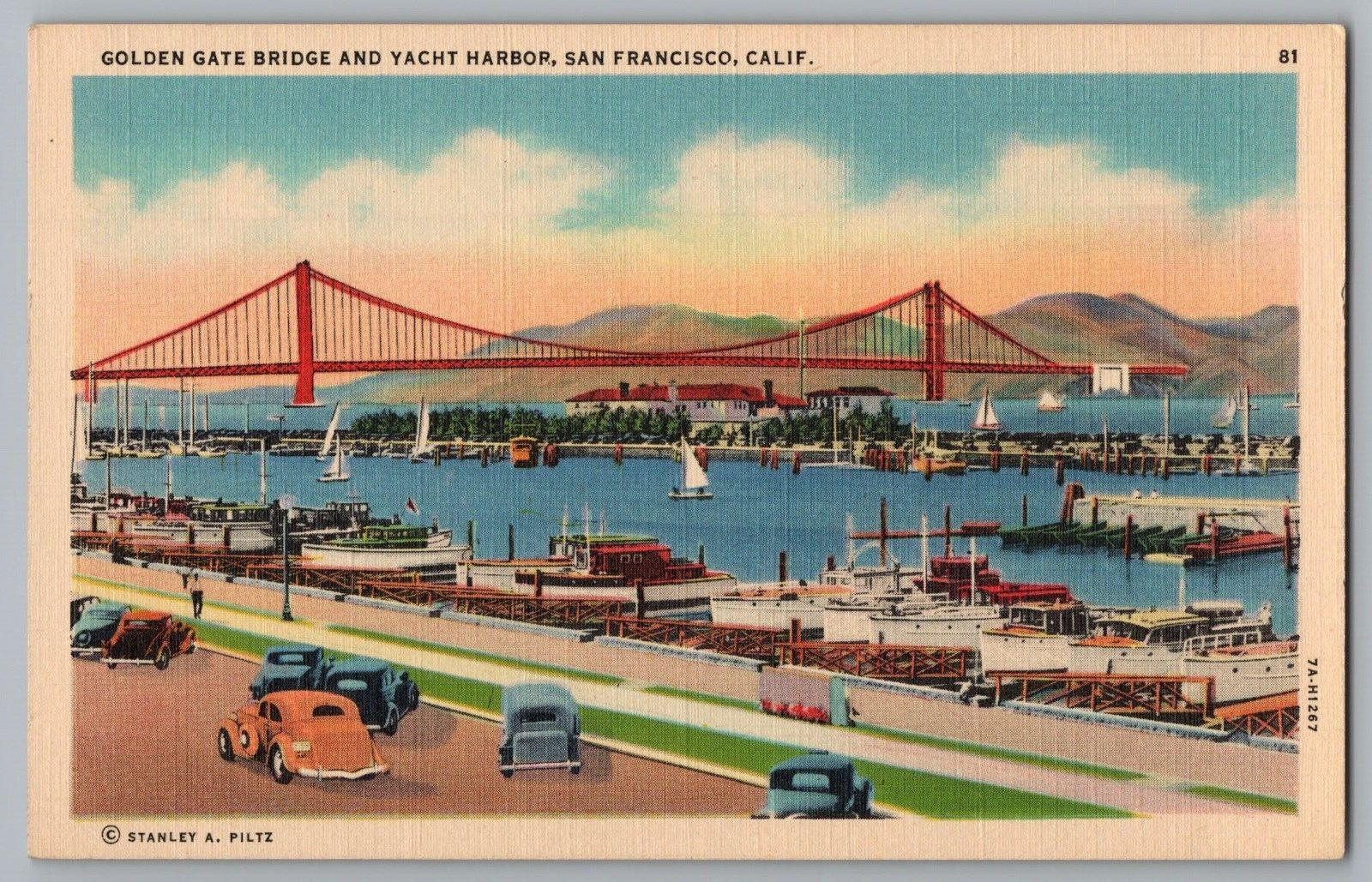 Postcard Golden Gate Bridge and Yacht Harbor, San Francisco, California