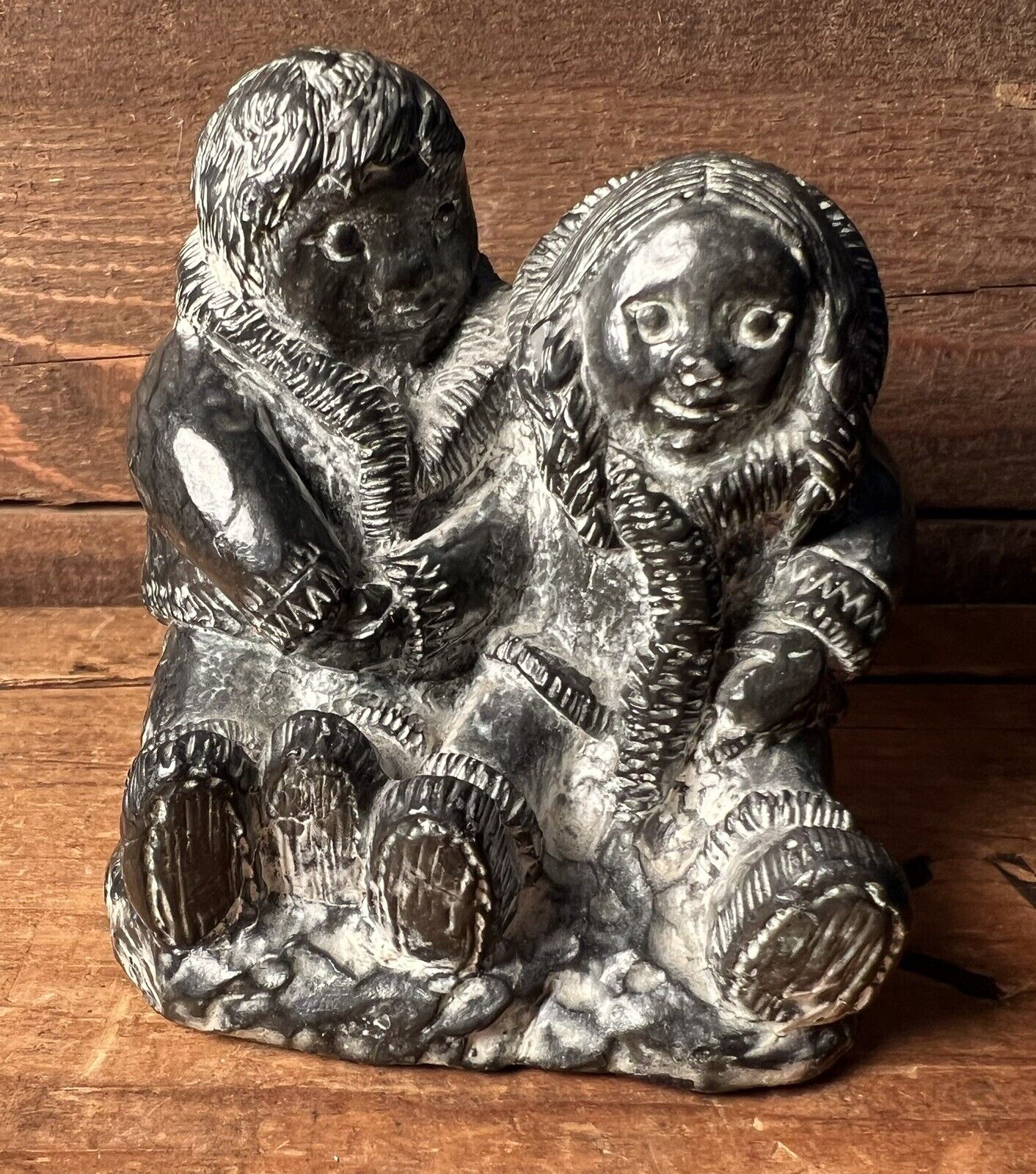 Vintage Soap Stone Native Children Carving By The Wolf. Canada, Handcrafted.