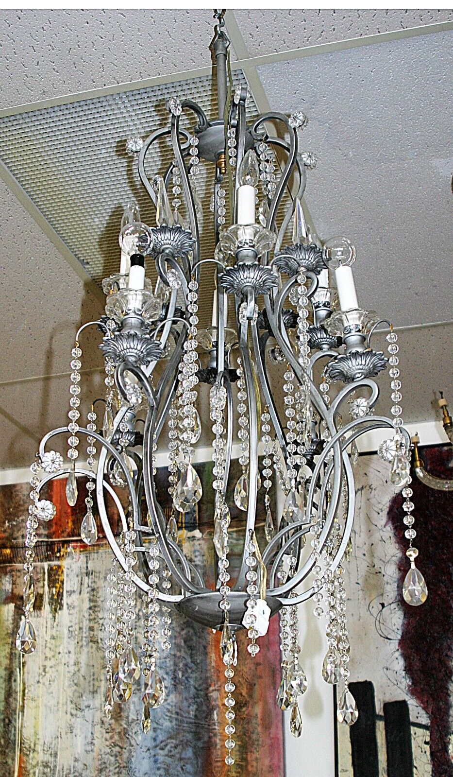 Vintage Neo Classical Swirling 8 Light Weathered Silver Multi Crystal Chandelier