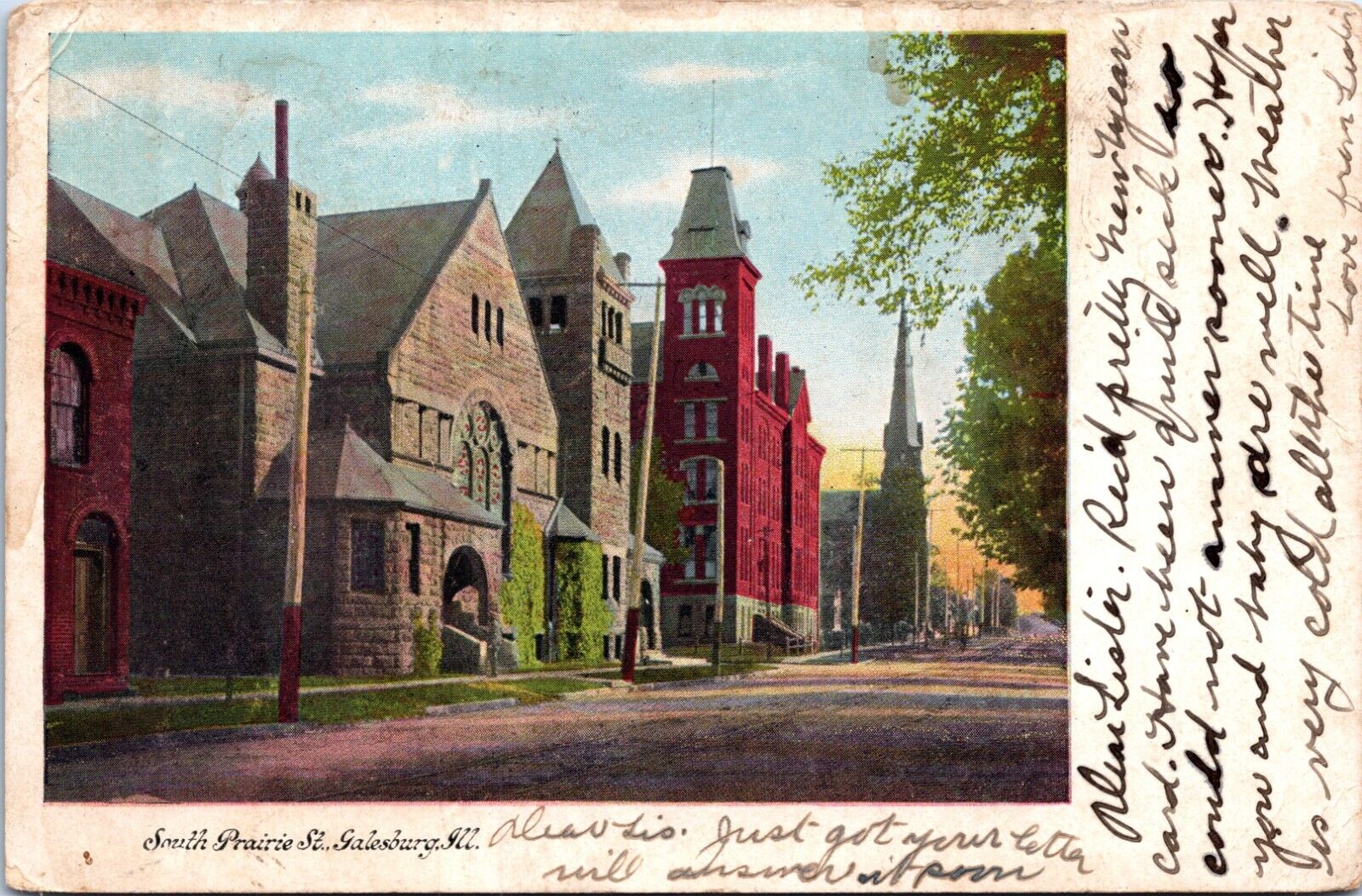 Postcard Galesburg Illinois - South Prairie Street - c1901-1907 Pmrk 1910