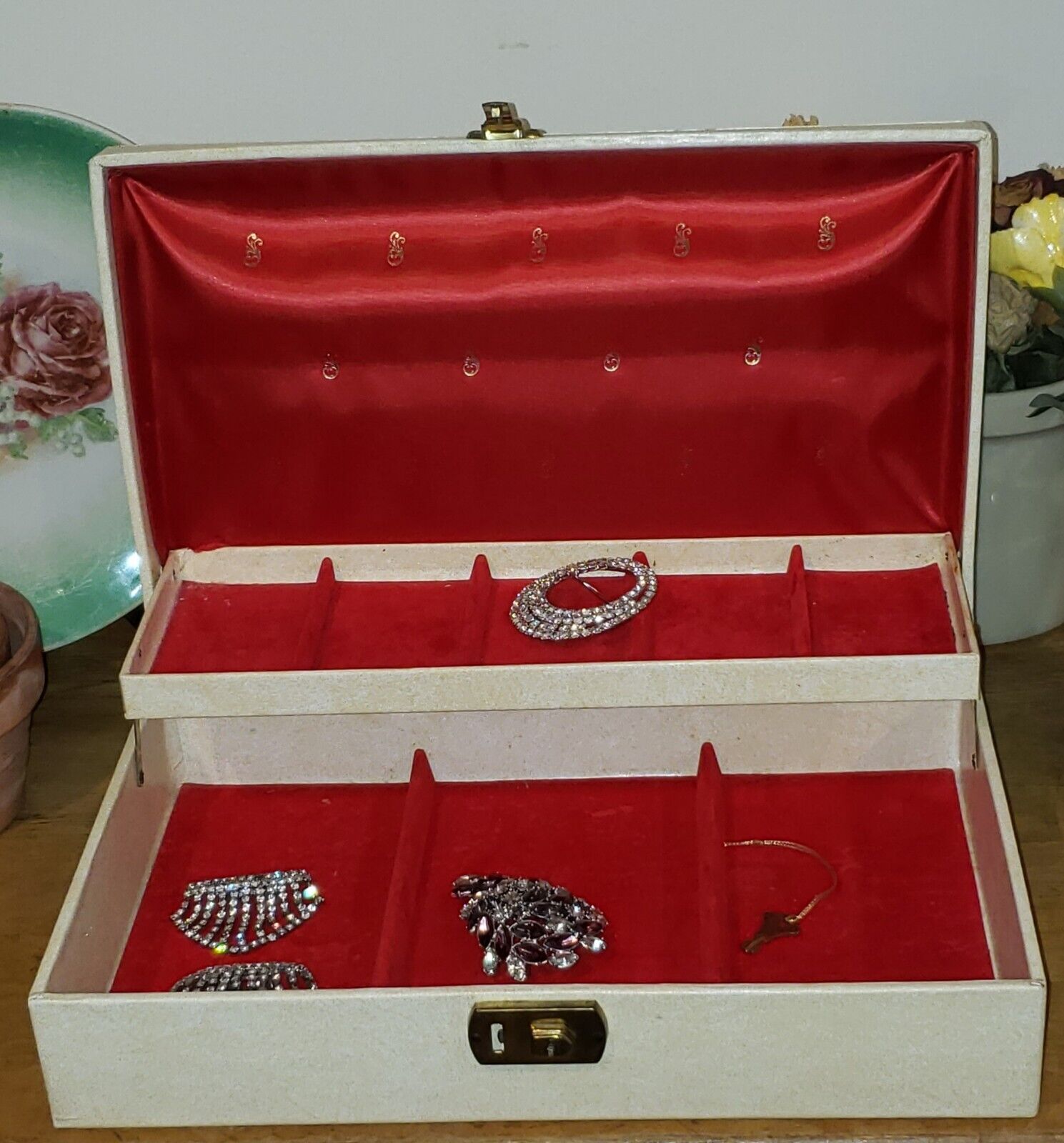 Large Vintage White Jewelry Box Lined w/ Red Velvet, Satin, Felt,  Original Key