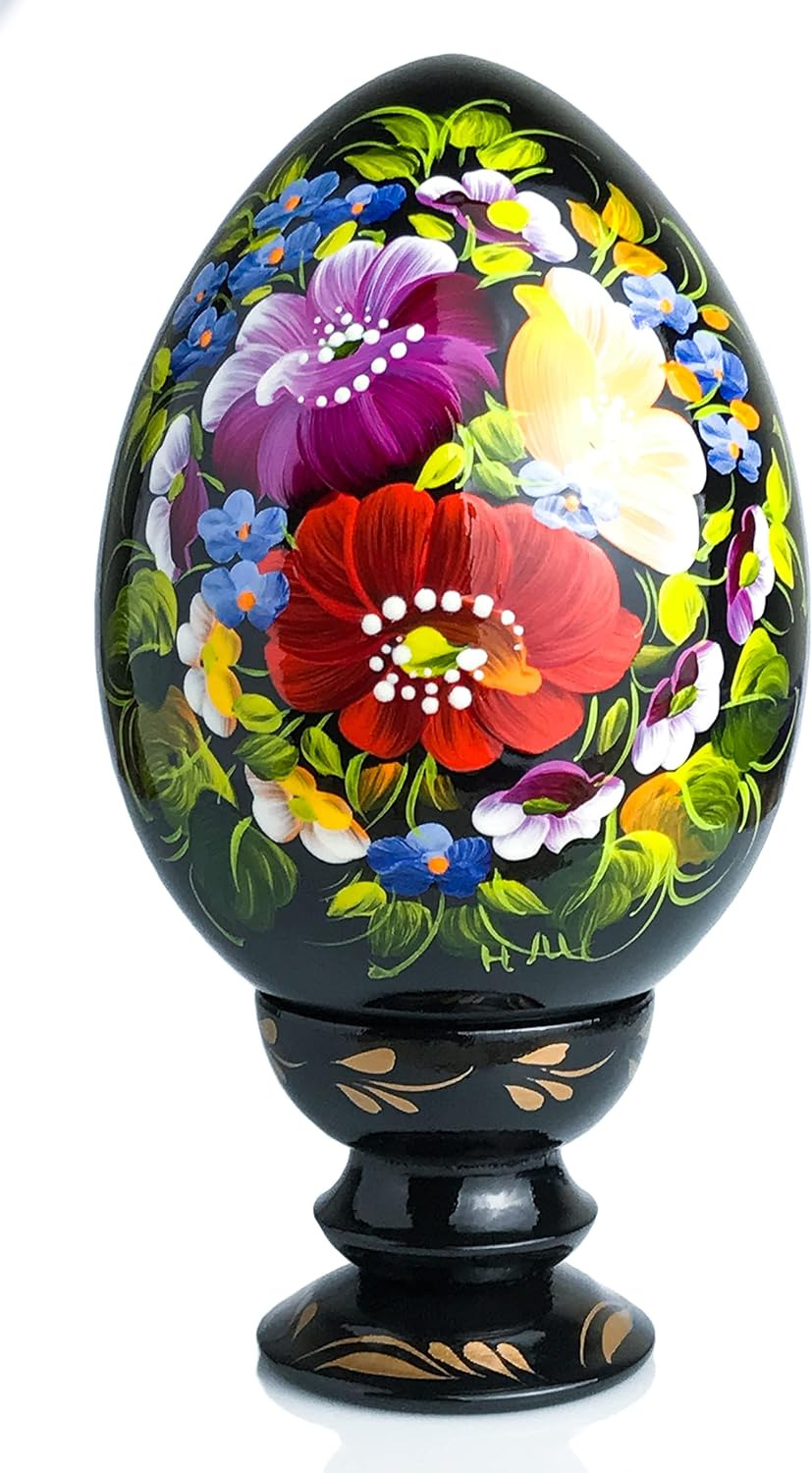 Hand Painted Lacquered Pysanka Wooden Egg on Holder, Large Fancy Petrykivka Ethn