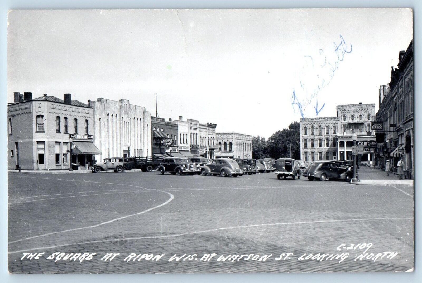 Ripon WI Postcard RPPC Photo The Square At Watson St. Looking North c1940's