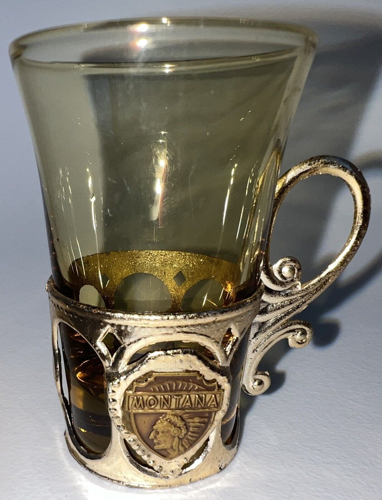 VTG Montana Souvenir Amber Shot Glass Ornate Holder Osaka Glass Wares Japan 2.5”