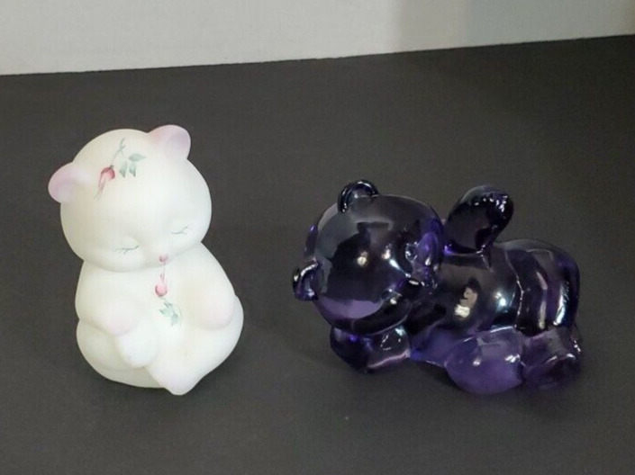 FENTON Glass BEAR Figurine Frosted Hand Painted & PURPLE Reclined 2 Pc WHOLESALE