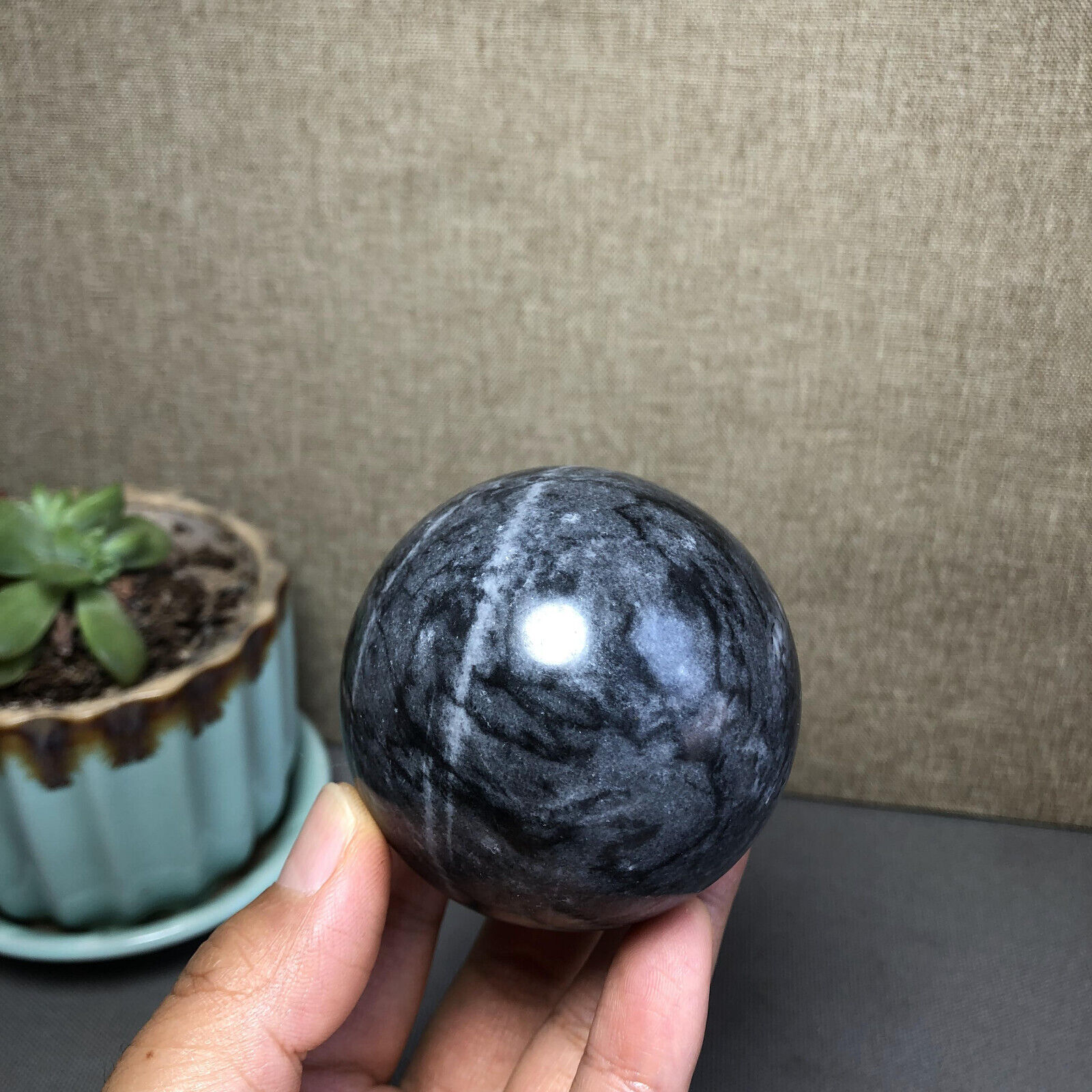 305g Rare Natural polished Black flower jade Semi-precious Ball sphere 59mm 2153