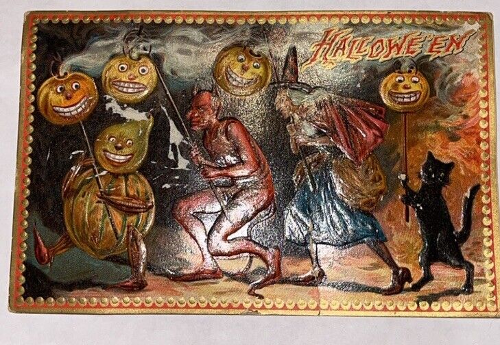 1917 raphael tuck & sons halloween red devil, witch, black cat