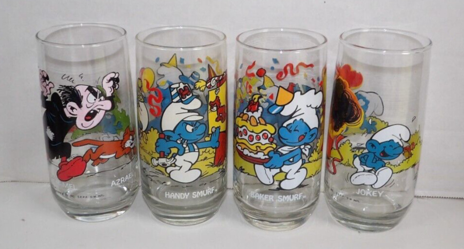 Smurf Drink Glasses Set Of 4 Garganel & Azrael, Baker Smurf, Jokey Smurf & Handy