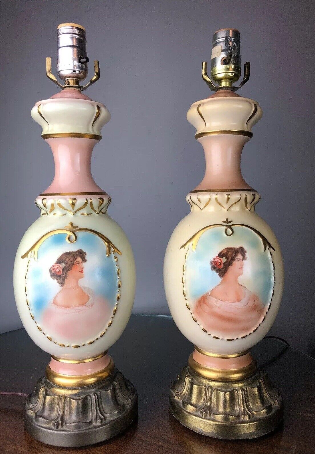 French Style Lamp Pair Hand Painted Lady Portrait Pink Table Lamp