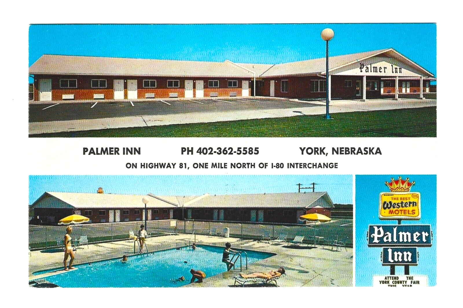 PALMER INN, YORK, NEBRASKA – Swimming Pool - 1960s Multiview Postcard