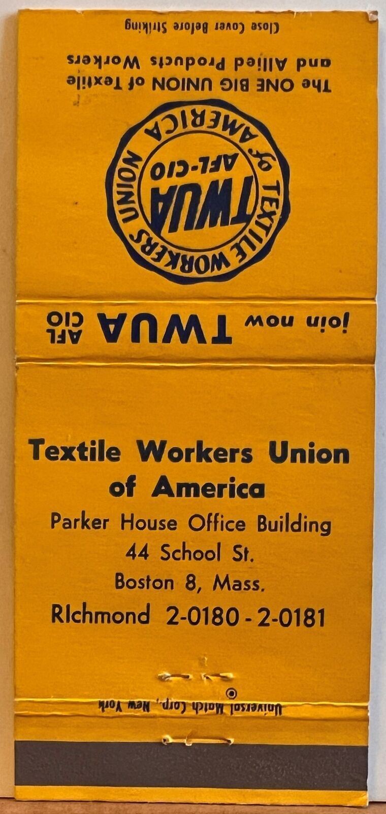 TWUA AFL-CIO Textile Workers Union of America Boston MA Vintage Matchbook Cover