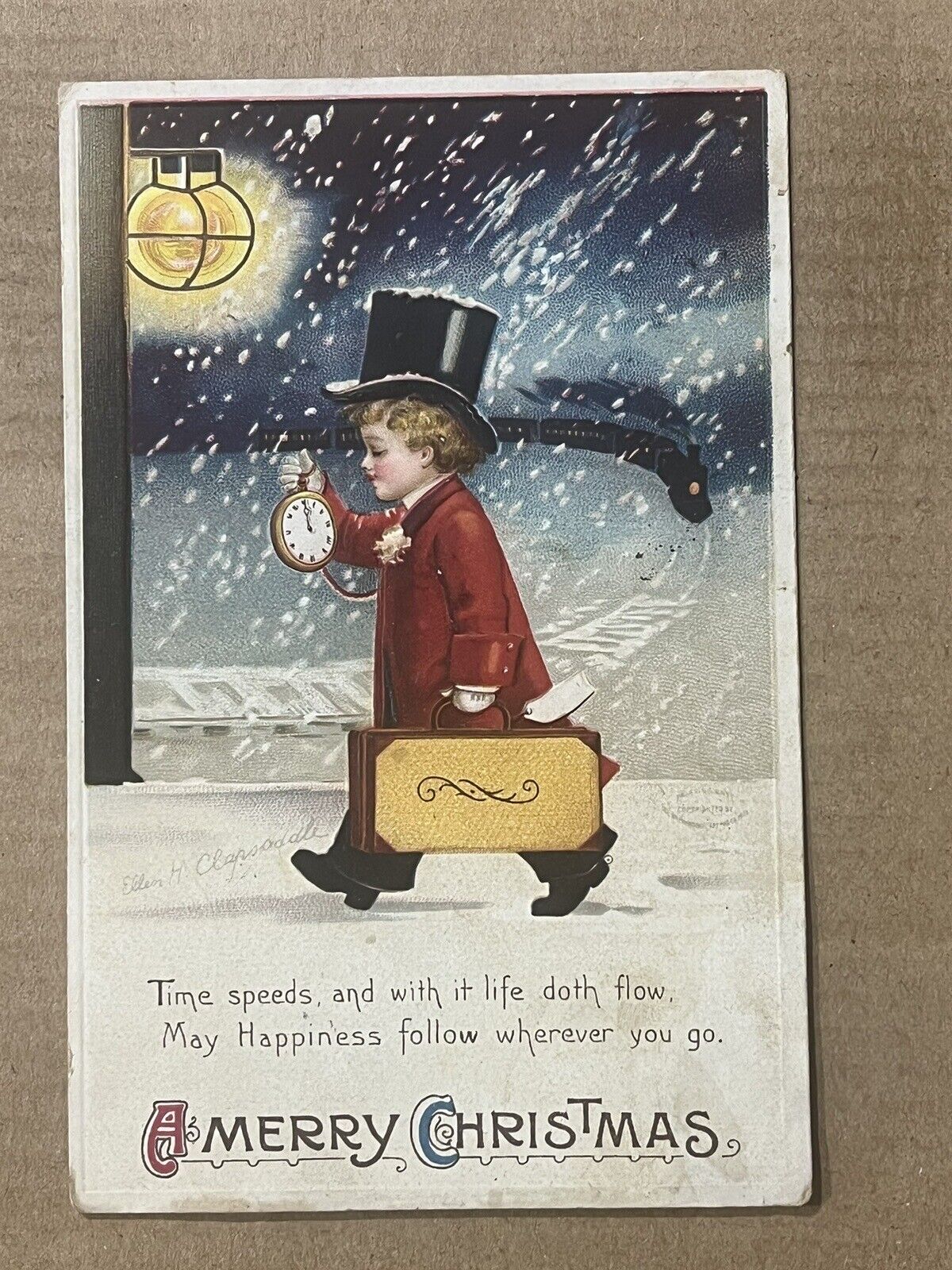 Postcard Ellen Clapsaddle A/S Christmas Boy Top Hat Train Snowstorm Newport KY