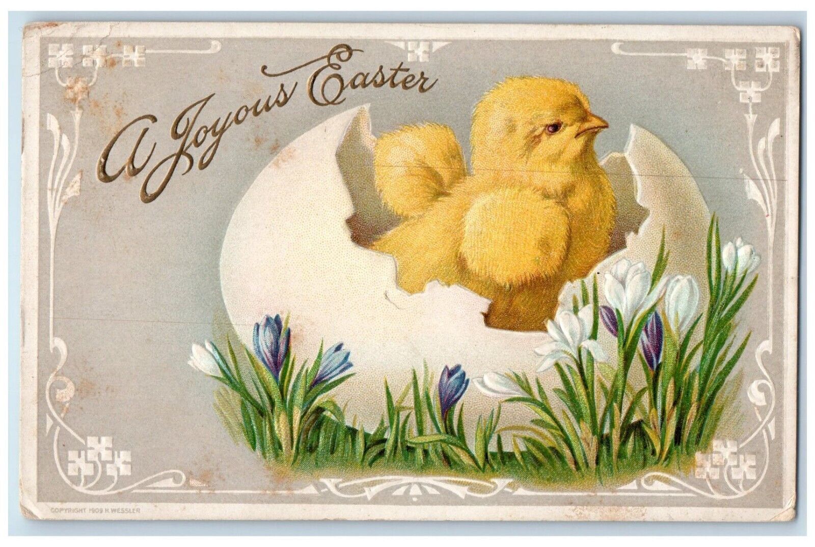 1912 Joyous Easter Chick In Hatched Egg Flowers Wessler Bridgeport CT Postcard