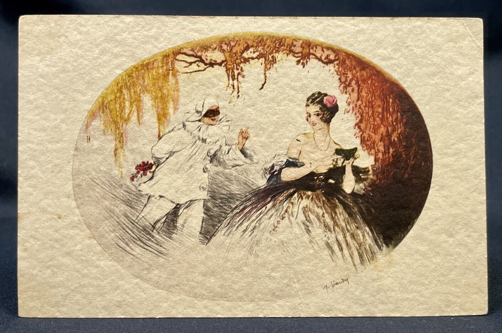 Artist J.Hardy | Oval Frame | Art Deco Floral Color | Harlequin & Columbine 1900