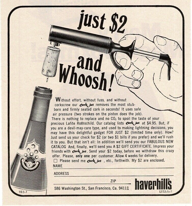 1972 Haverhills CORK JET corkscrew Vintage Print Ad