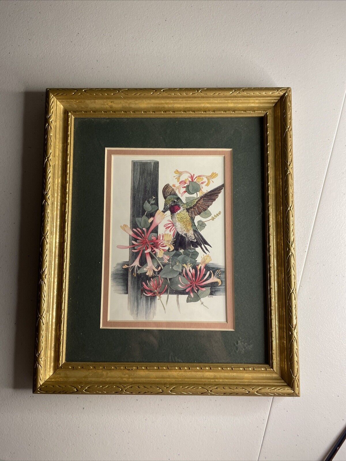 Hummingbird Flowers Art By Bambi Papais Gold Wood Frame Green Pink Matted USA