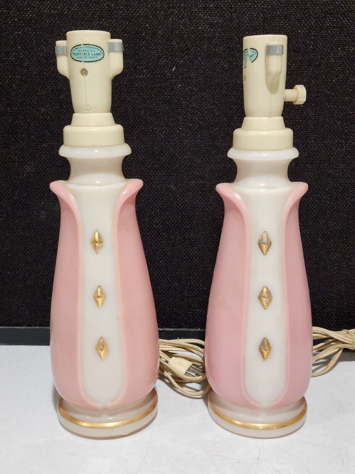 Pair of 1950's Aladdin Alacite Table Boudoir Lamps Pink Tulip with Gold Accents