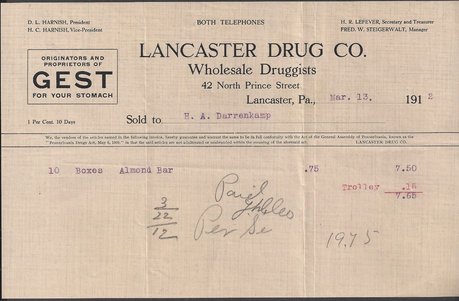 LANCASTER, PA ~ LANCASTER DRUG CO., DRUGGIST, \