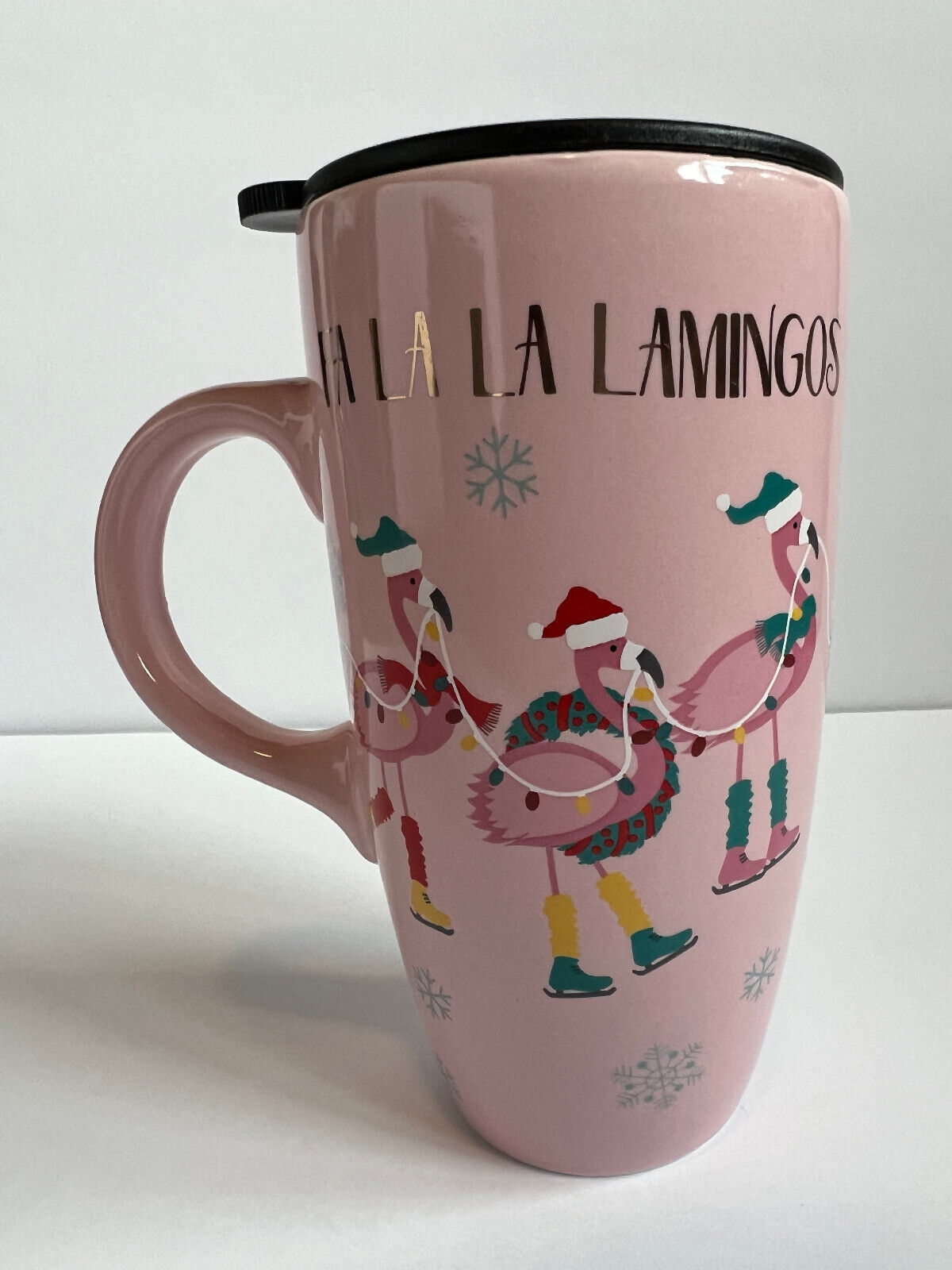 PEPPERMINT & PINE-  FA LA FLAMINGO - Pink Ceramic Tall Christmas Coffee Cup Lid