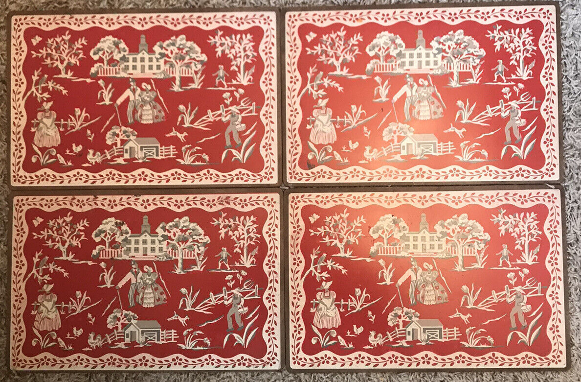 Set of 4 Vintage Placemats Red & White Southern Belle Farm Wood Board Masonite