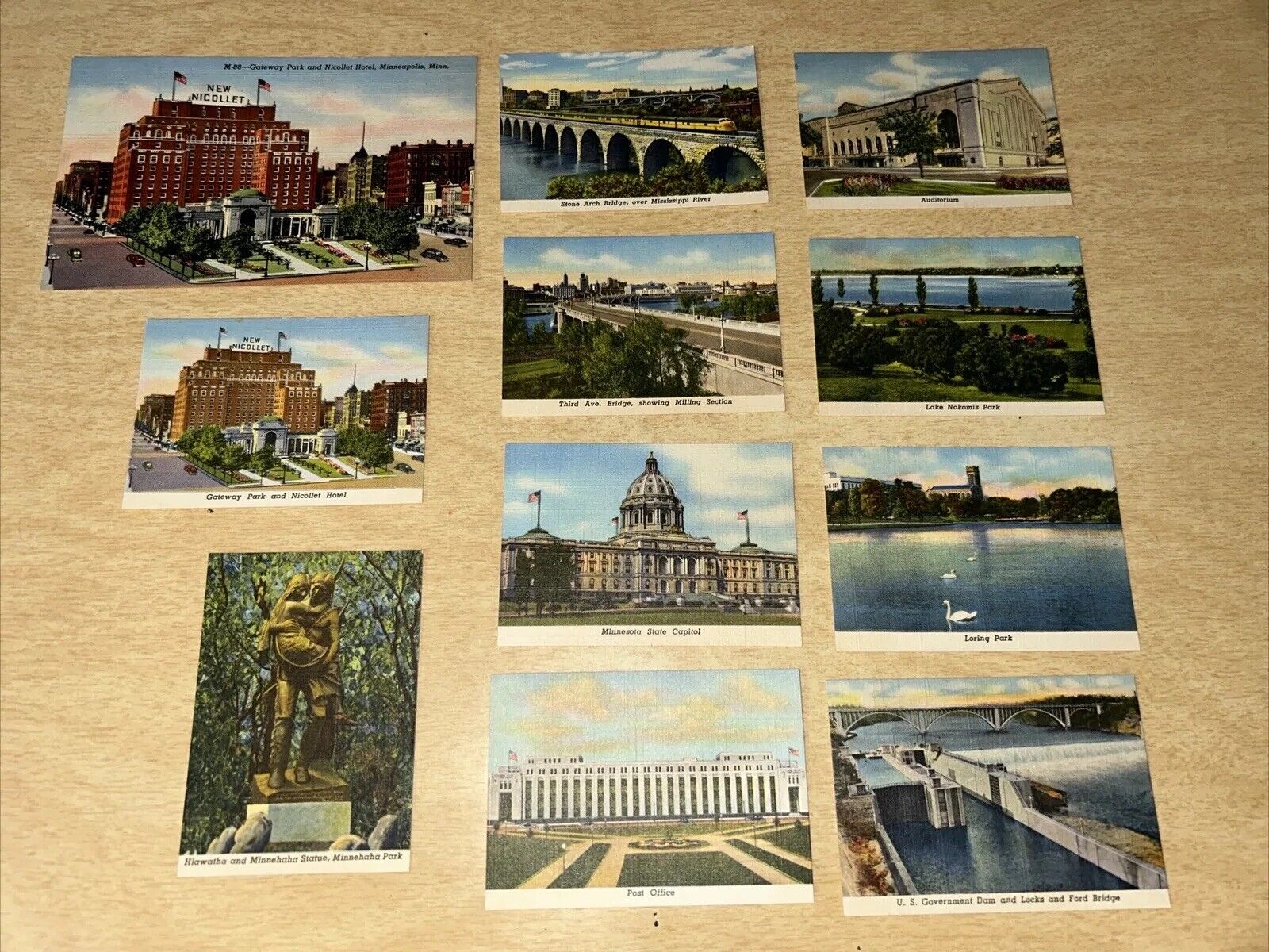 Lot Of 11 Linen Minneapolis MN Postcards Train Bridge View Capitol Hotel c1948