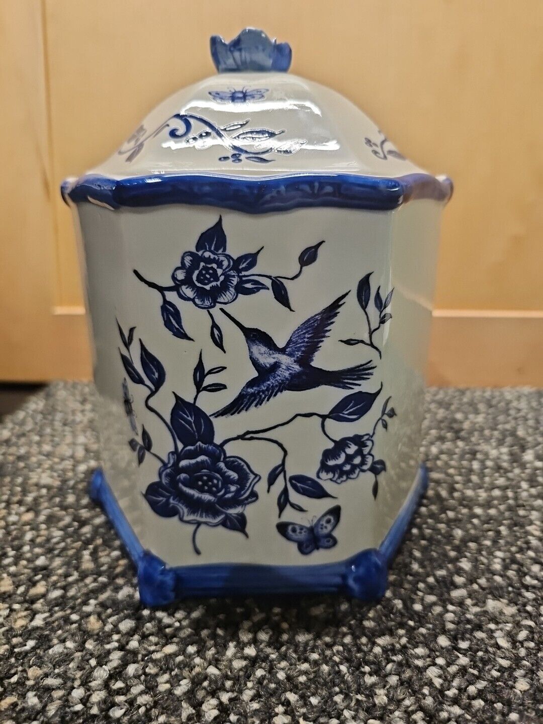 Blue Bliss By Susan Winget For Cracker Barrel 7 1/2” Canister Birds Flowers Bees