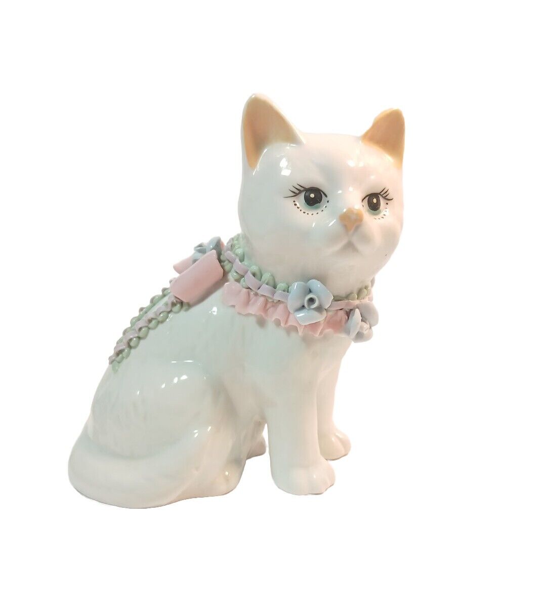 Vintage Kitchy Kitty Cat White Porcelain 6 in Figurine Adorned Flowers and Bows