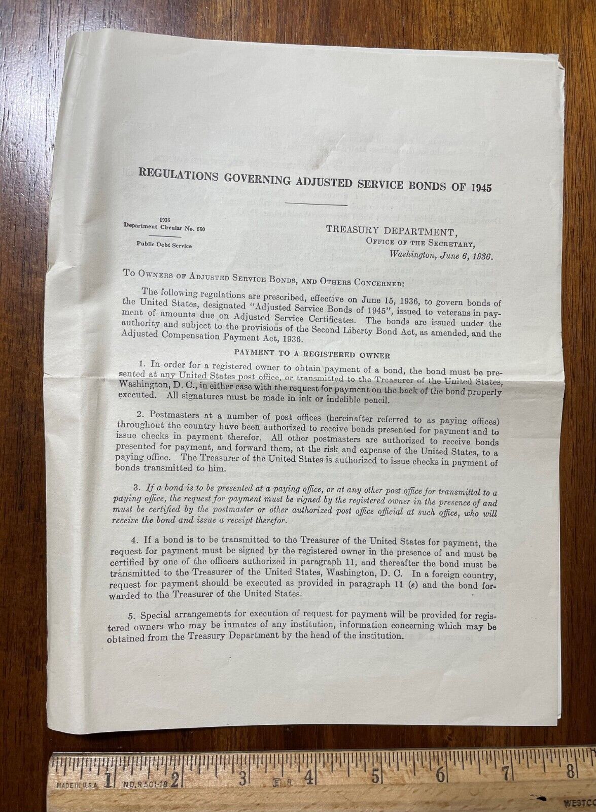 1945 document Regulations Governing Adjusted Service Bonds WWII bonds Treasury