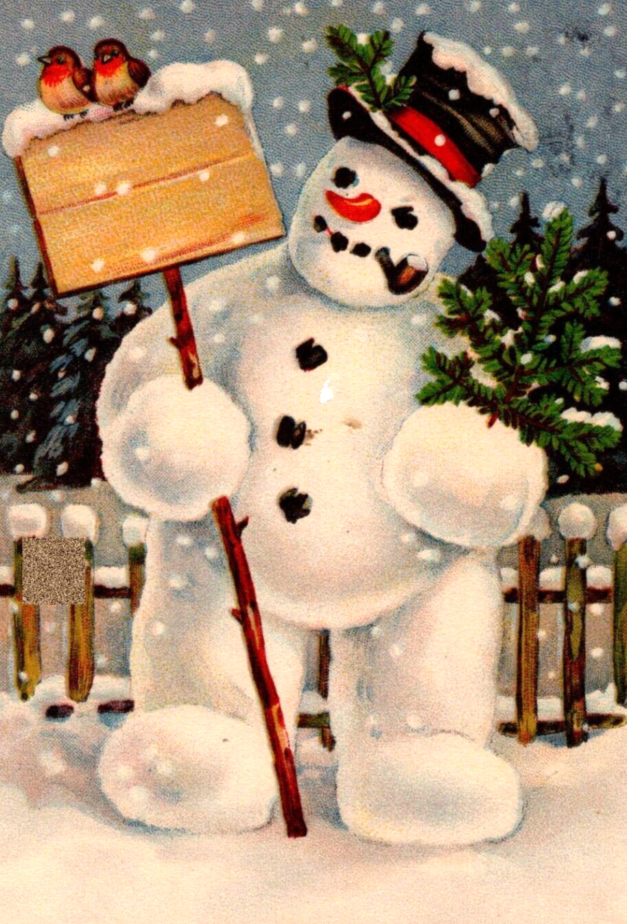 1931 Merry Christmas CZECH Postcard Birds Perch on Snowman\'s Shovel Near Fence