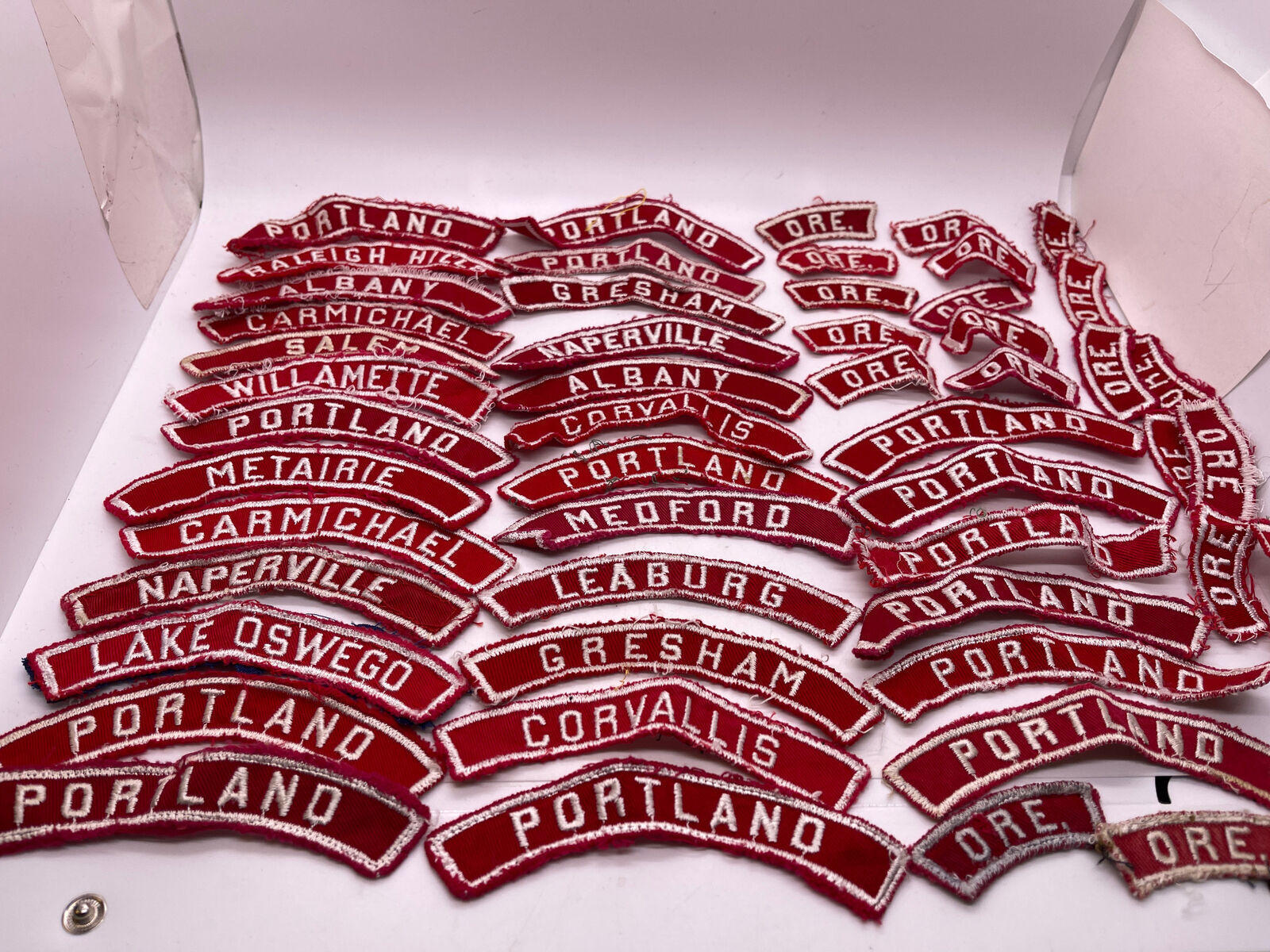 Lot of 50+ Mostly Oregon Boy Scout BSA Red & White Community Strip Patch Lot