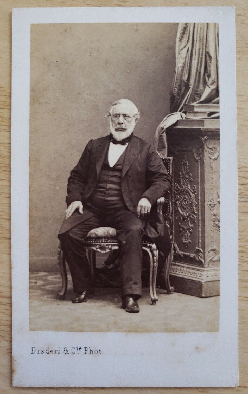 Disderi CDV Paris bearded Gentleman in frock coat, Wire Glasses, Vest, seated
