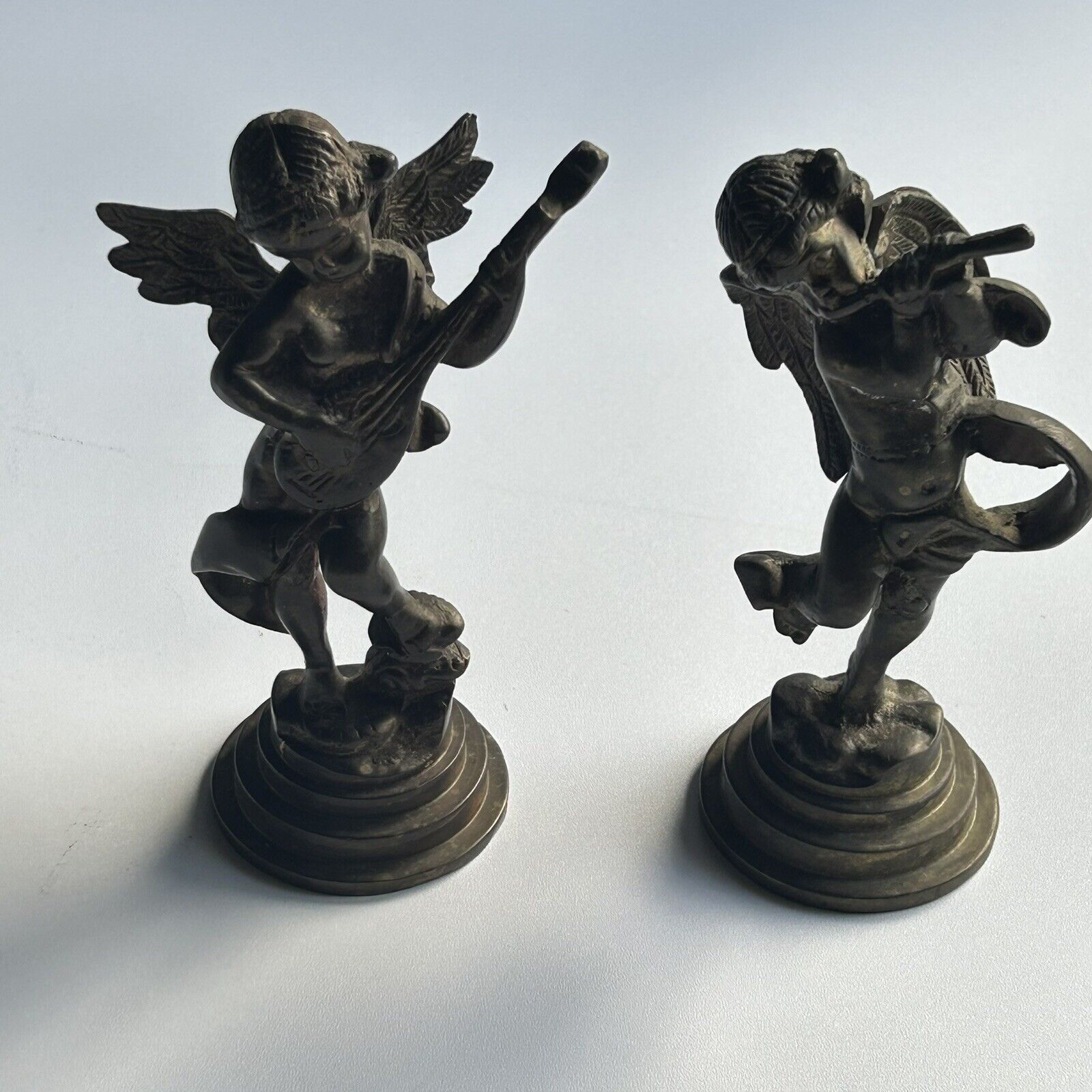 Pair Solid Brass Angel Cherubs Playing Flute And Lute 5.5”