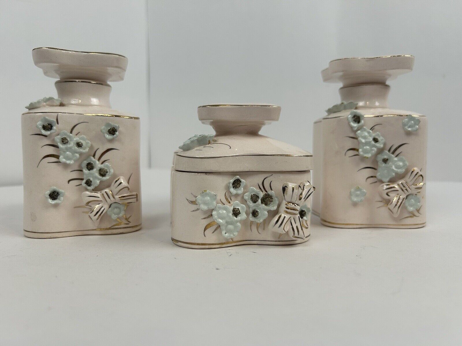 Thames Porcelain Floral Vanity Dresser Set Perfume Jars With Lids Japan Painted