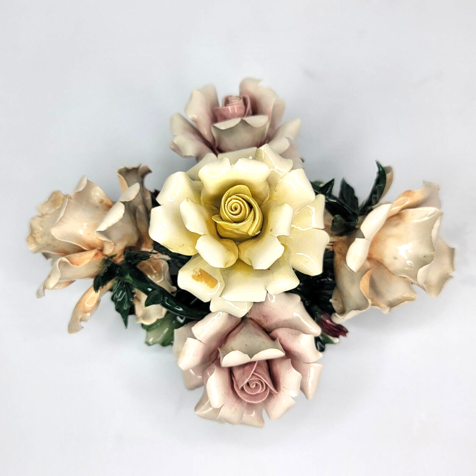 Vintage Capodimonte Mollica 5 Roses Ceramic Porcelain Flower 9\